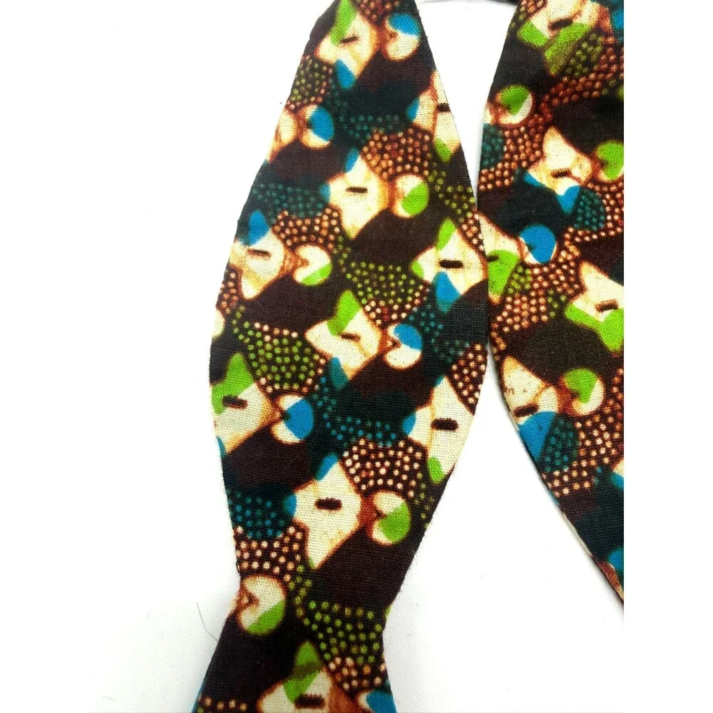 Lion's Thread Bow Tie Handmade in Uganda Cotton Abstract Geo Print Brown Blue